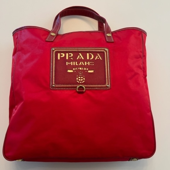 Prada Red Nylon and Leather Gold Lasercut Logo Shopper Tote. Rare color! - Picture 1 of 9
